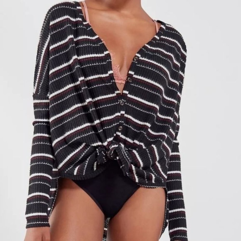 Striped Black Knit Button-Front Women's Top
